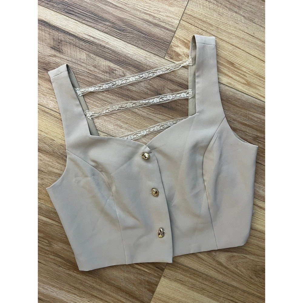 Sm Beige Lace Strap Button Front Crop Top Vest Gold‎ Buttons Neutral Square Neck